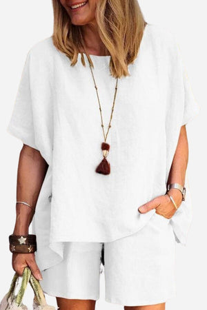 Cómodo conjunto de dos piezas de camisa y pantalón corto de lino