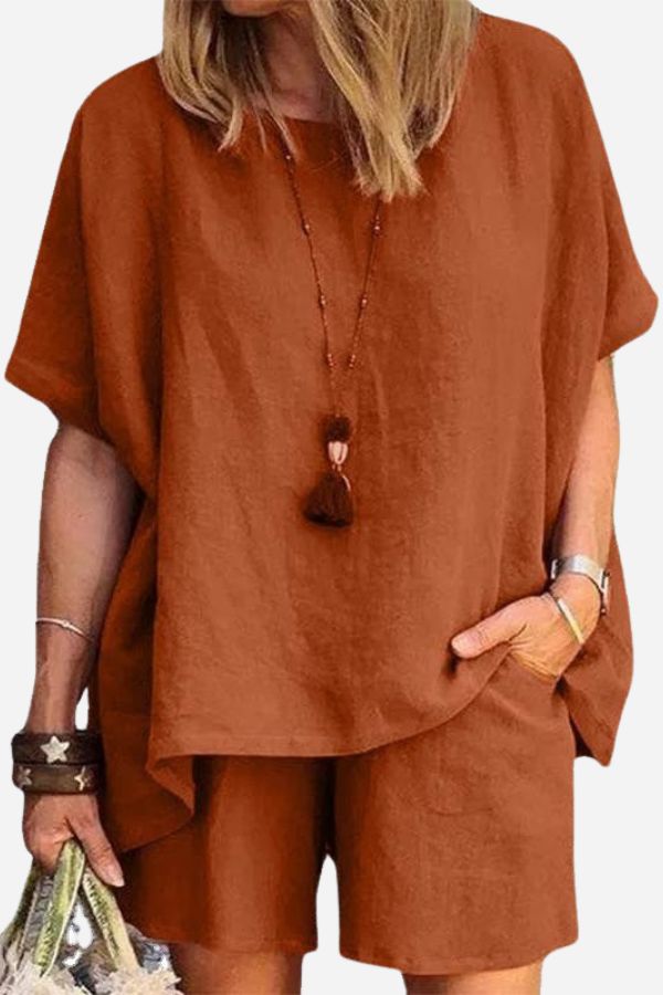 Cómodo conjunto de dos piezas de camisa y pantalón corto de lino