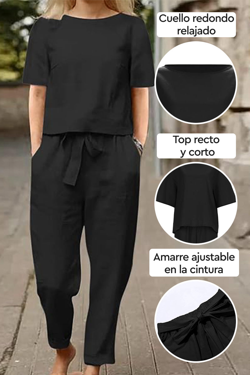 Mezcla de algodón y lino Monocromo Conjunto de dos piezas