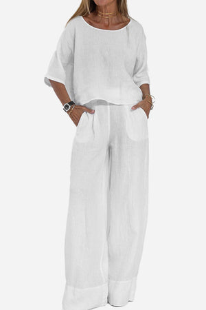 At Ease & Down to Earth: Conjunto de jersey de manga corta y pantalón ancho a juego