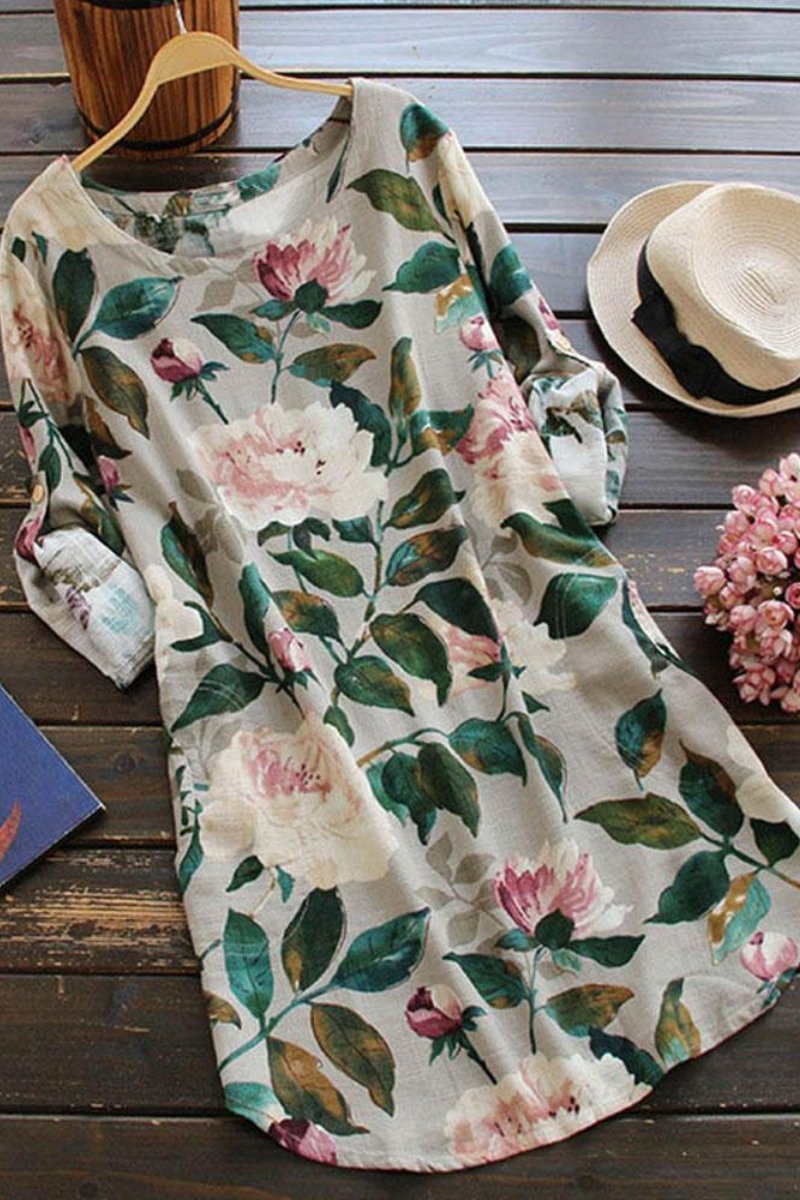 Vestido recto de lino con estampado floral