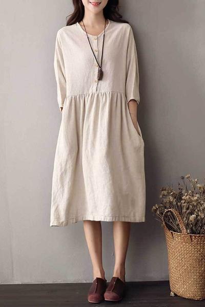 Vestido de Lino con Detalles de Botón